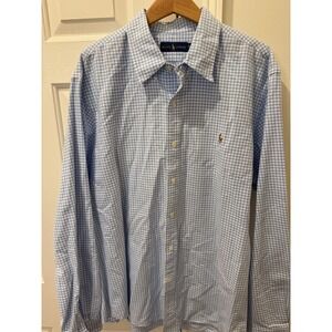 Ralph Lauren Men Gingham Button Down Shirt XXL Light Blue White Long Sleeve Pony